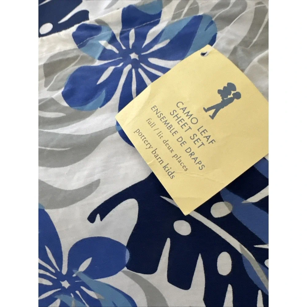 POTTERY BARN PB KIDS Full Flat Sheet Camouflage Blue Tropical Leaf Cotton NEW‎